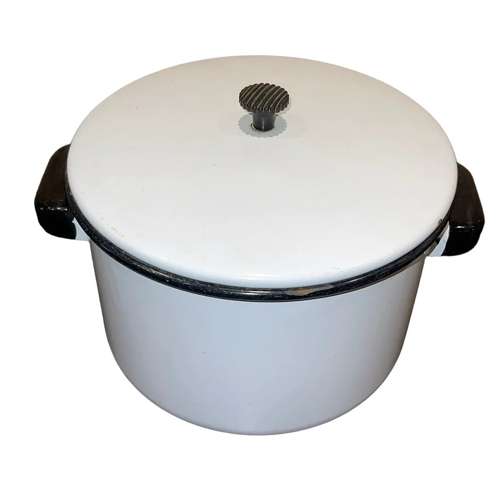 Vintage Rustic Medium Enamelware Black and White Crock Pot w Lid Decoration Only